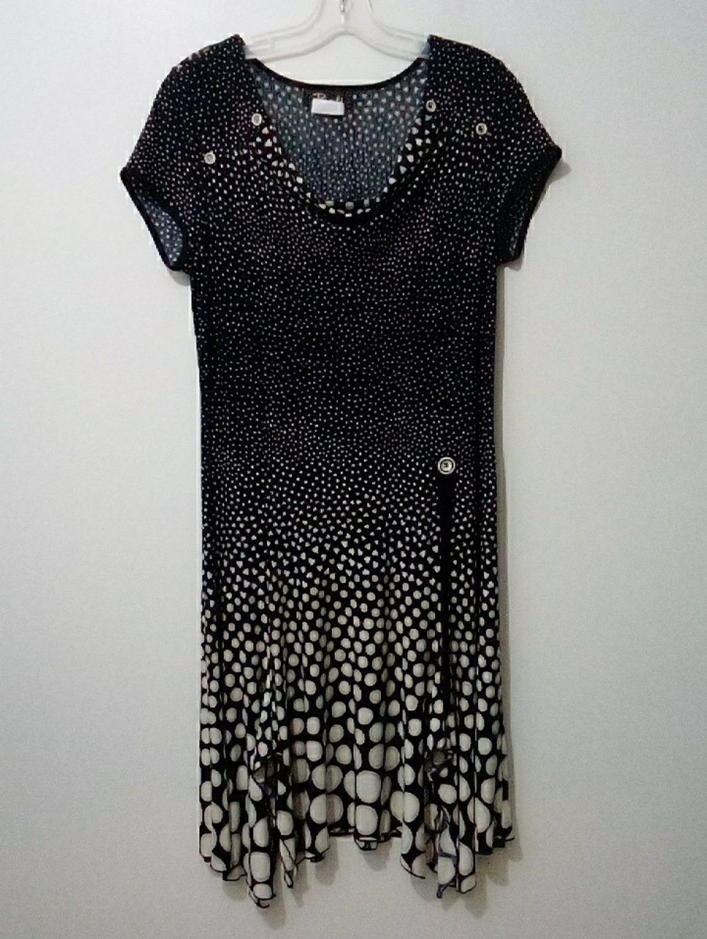Bali Black White Polka Dot Heart Dot Short Sleeve Asymmetric Hem Midi Dress